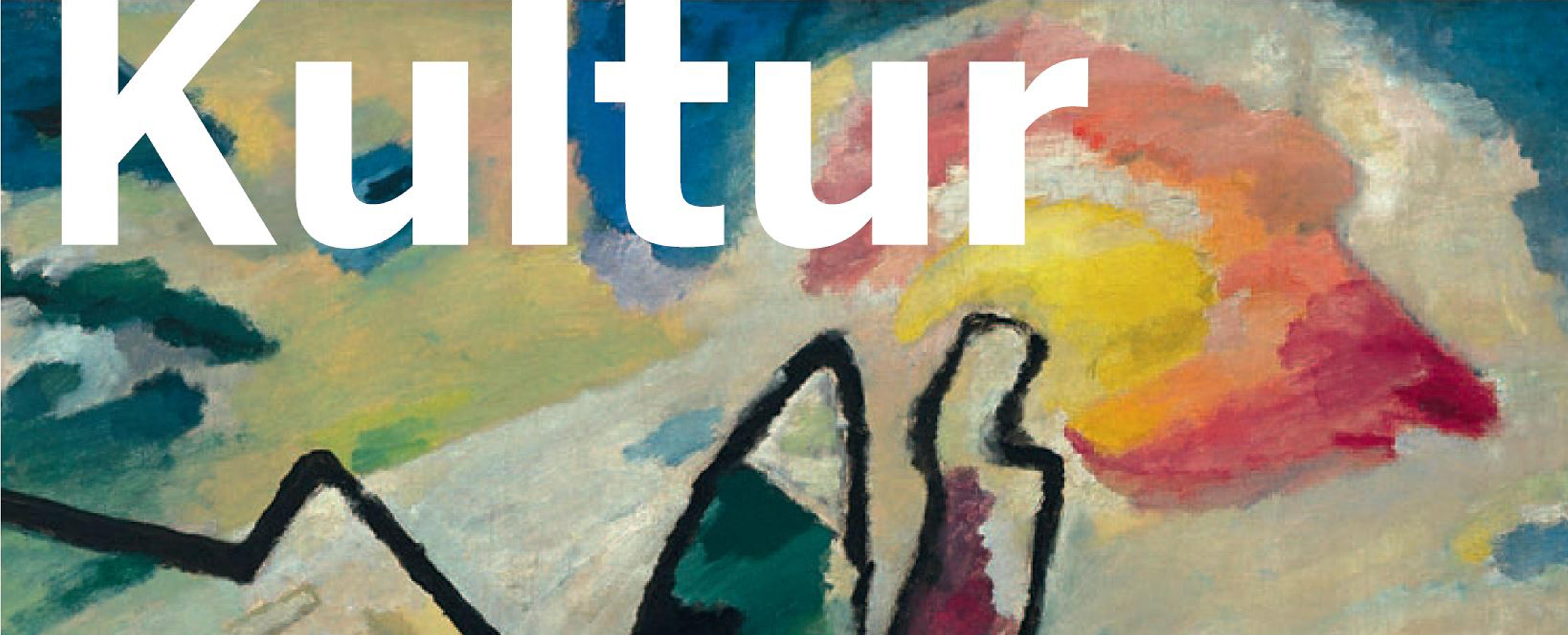 Weißer Kultur-Schriftzug auf abstraktem Wasserfarben-Hintergrund