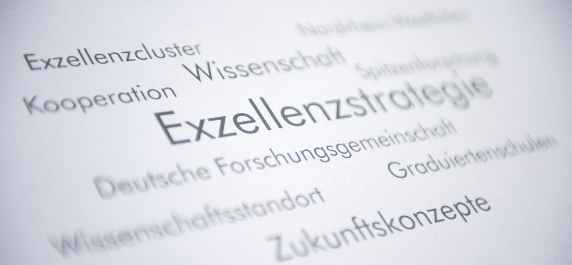 Mehrere Worte auf einem Blatt Papier, im Fokus Exzellenz