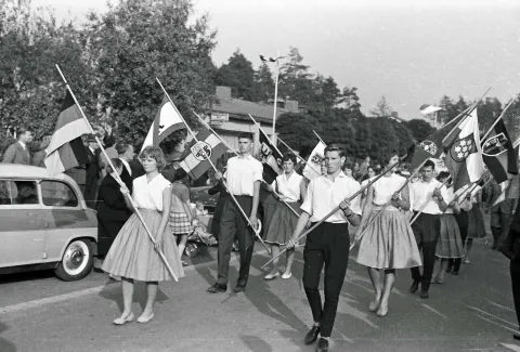 Menschengruppe mit Fahnen