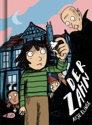 Ein Vampirmädchen hält einen verlorenen Zahn in die Luft (Illustration für Buchcover)