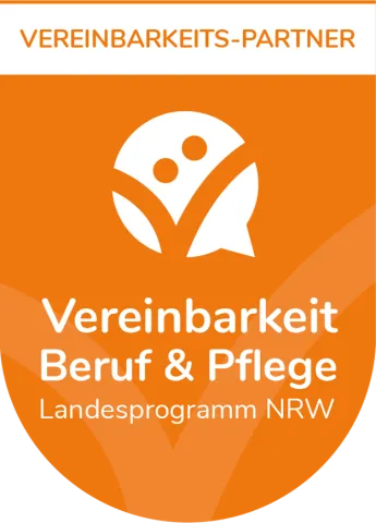 Ein orangenes Siegel mit dem Schriftzug Landesprogramm „Vereinbarkeit Beruf & Pflege“
