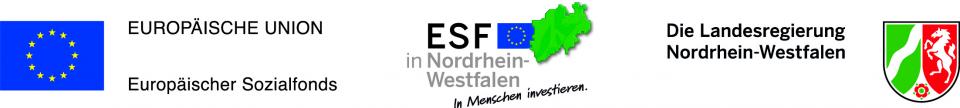 Die Logos des Europäischen Sozialfonds, des Europäischen Sozialfonds NRW und der Landesregierung Nordrhein-Westfalen.