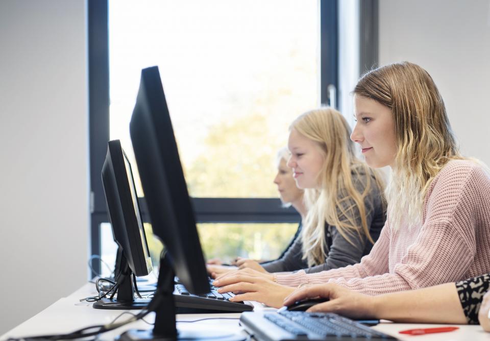 Drei junge Frauen sitzen an Computern.