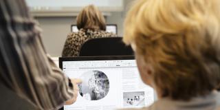 Frau sitzt vor dem Computer und kriegt etwas gezeigt