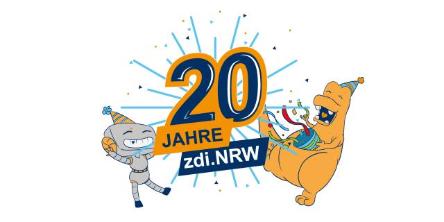 Logoschriftzug mit Feuerwerk und feiernden Figuren