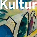 Weißer Kultur-Schriftzug auf abstraktem Wasserfarben-Hintergrund